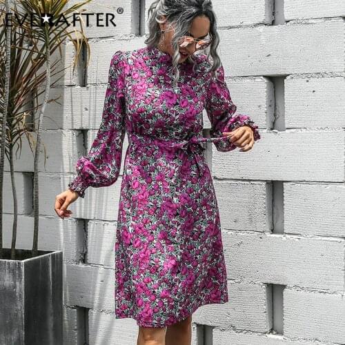 EVERAFTER Elegant floral printed dress women A-line stand Lantern sleeve sashes bow slim dress holiday style dress autumn winter