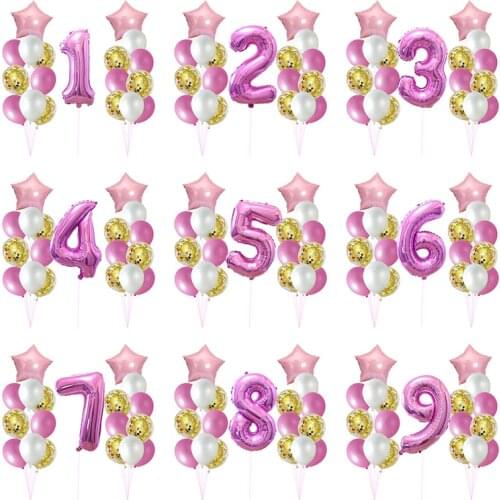 Happy Birthday Pink Latex Balloon 0-9 Number Foil Balls Set Baby Shower Wedding Decoration Kids Boy Girl Garland Supplies Globos