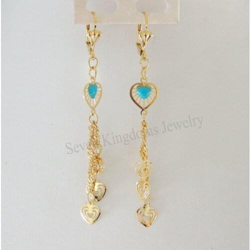 ORDER 10$ get free shipping/NEW - YELLOW GOLD OVERLAY STUD DANGLE ENAMEL MANY HEART SHAPED TALL 3" EARRING
