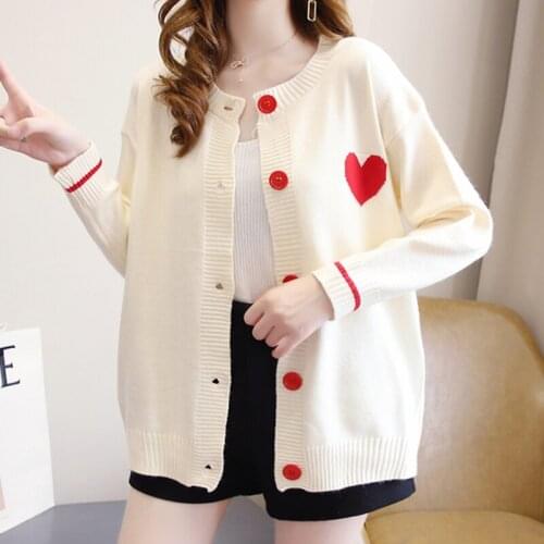 LJSXLS Sweater Women Autumn Contrast Color Love Sweet Knitted Cardigan 2021 Winter Pink Knitwear Top Female Korean Cute Clothing