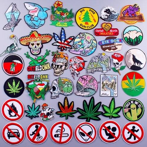 Green Plant Sewing Applique Patch Iron On Patches On Clothes Punk Shark Skeleton Patch Embroidered Patches For Clothing Badge