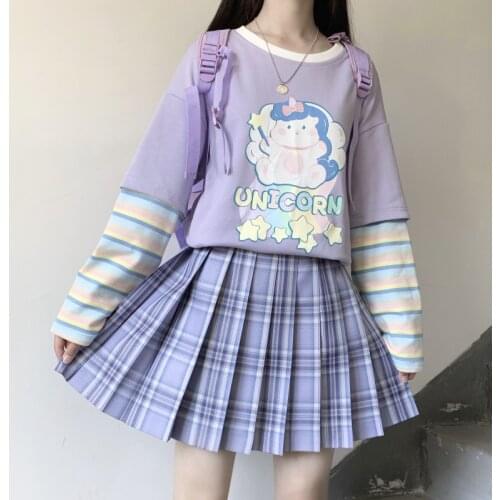 Harajuku Spring Autumn New Japanese Soft Girl Cartoon Print Stitching Striped Fake Two Piece Loose Long-sleeved Woman Tshirts