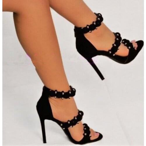 Free shipping ankle wrap high heels sandals round dots rivets studded cover heel peep toe dress sandal woman summer shoes