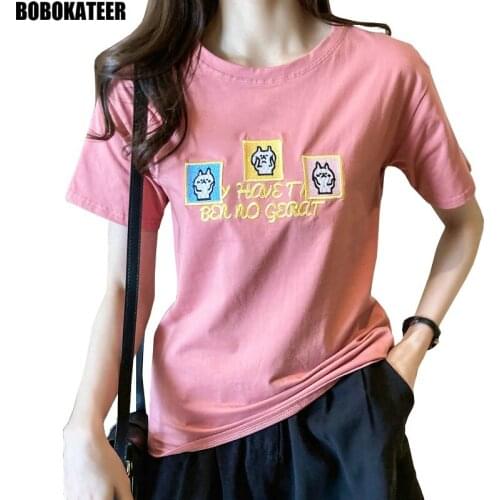 Short Sleeve Tshirt Woman Tops Kawaii Pink Embroidery Summer Clothes For Women T-shirt White Tee Shirt Casual Korean Style 2021