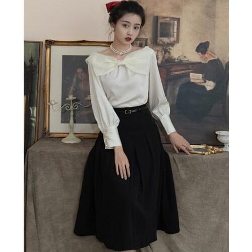 Modern Vintage Style Outfits Sweet Bow Slash Neck Lantern Sleeve White Shirt Lady Tops & Black Midi Skirt Elegant 2 Piece Set