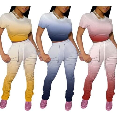 Women 2PCS Outfit Set Gradient Short Sleeve Round Neck Crop Slim Top High Waist Drawing Straps Elastic Band Long Pleated Pants