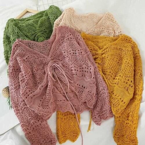 Women Sweater Thin Loose Female Pullover Short V-neck Hollow Out Knitted Drawstring Three Quarter Sleeve Ladies Temperament Tops