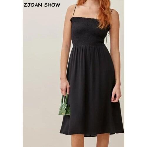 2021 Retro Elegant Elastic Body Long Sling Dresses France Plain Black Color Vintage Women Summer Dress Holiday