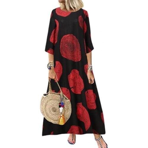 Maxi Dress Women Summer 3/4 Sleeve Vintage Printing Casual Sundress O Neck Large Hem Loose Women Long Dress Robe Femme