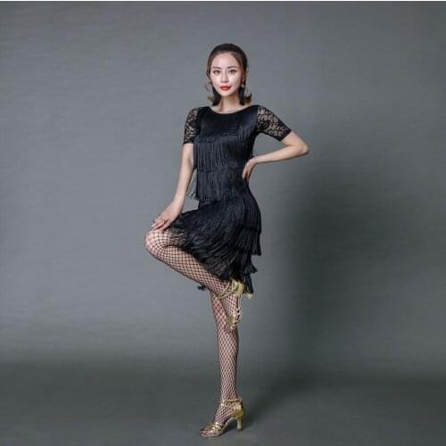 Lace Latin Dance Dress Women Sparkling Sequin Tassel Dress for Ballroom Samba Tango Chacha Belly Dancing Performamnce 58074