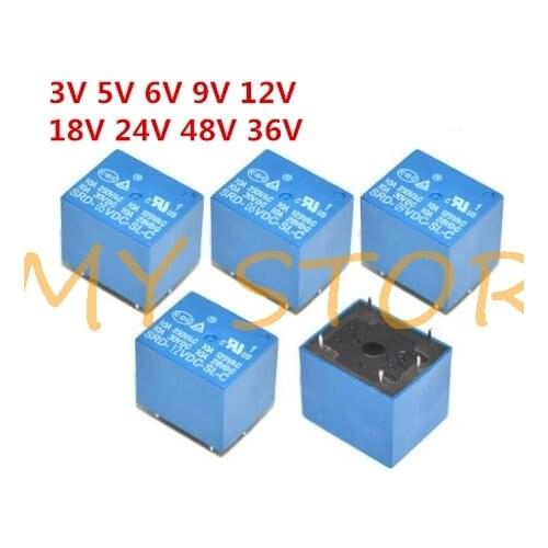 5Pcs Mini Module Power Relay SRD-5VDC-SL-C DC5V 3V 6V 9V 12V 18V 24V 48V 36VDC SPDT 5 Pins PCB Relay Blue 10A