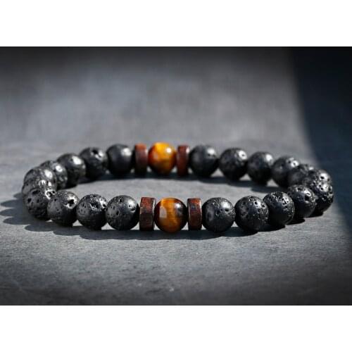 Charm Retro Buddha Bead Bracelet Men Black Natural Stone Chakra Bracelets Erkek Bileklik Bracelet Homme Lava Stone 8mm