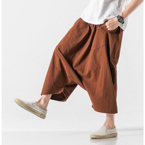 5XL Summer Men Sweatpants Linen Nepal Loose Wide Leg Harem Baggy Crotch Pant Yoga Casual Jogger Running Athletic Pant Sportswear