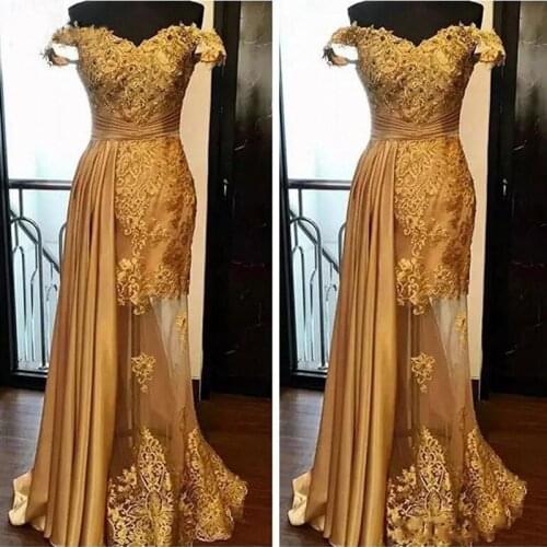 Elegant Off the Shoulder Gold Long Evening Dresses 2021 Mermaid Beads Lace Appliques Saudi Arabic Formal Prom Party Gown Custom
