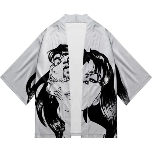Harajuku Junji Ito 3D Printing Anime Japanese Kimono Haori Yukata Cosplay Women / Men Summer Short Sleeve Streetwear Clothes