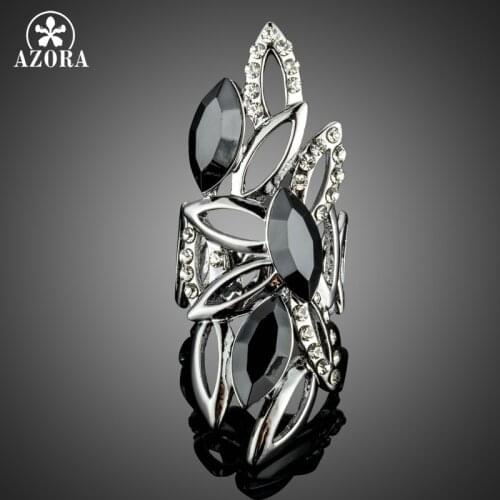 AZORA Novelty Big Size Hollow Design with Marquise Black Stellux Austrian Crystals Finger Rings TR0184