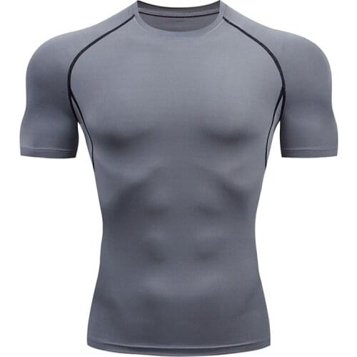 Summer Compression Shirt Mens Gym T-shirt Gray High-quality Top Sports Stretching Quick dry Bodybuilding T-shirt MMA clothing