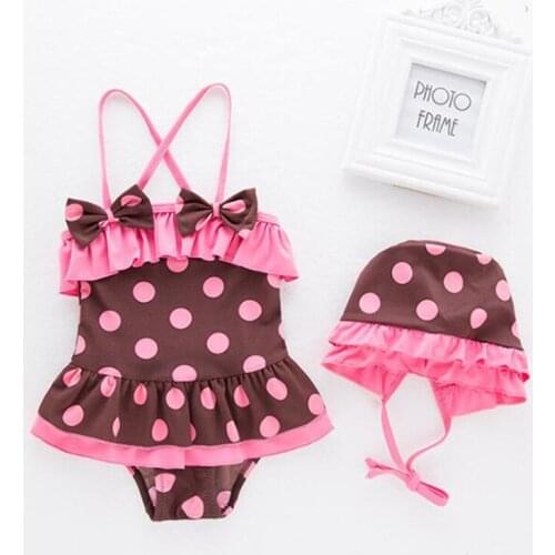 Sweet baby girls Sling Swimwear Girls One-piece Swimsuit +hat bow dot ruched Swimsuit Spa clothing 2-6yrs
