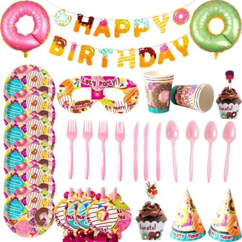 Donut Party Disposable tableware Paper Cups Plate Napkins Ice Cream Balloon Baby Shower Kids Birthday Party Decoration Supplies