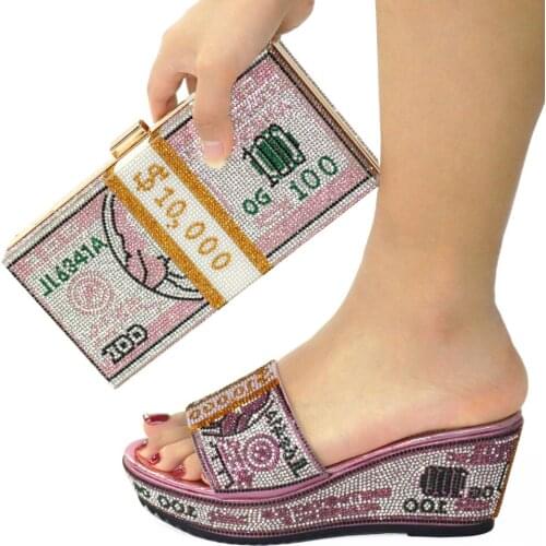 OLOMM Summer Women Shoe Bag Set Bling Rhinestone Slipper Beach Sandals Slides Luxury Bling Dollar Dinner Bag Ladies USD Pur!A-10