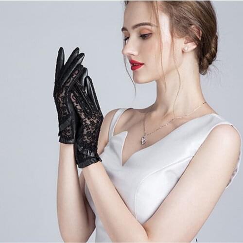 Summer Women Genuine Leather Gloves Ladies Elegant Gloves Womens Black Driving Gloves Anti-UV Touch Screen Lace Mittens 2021