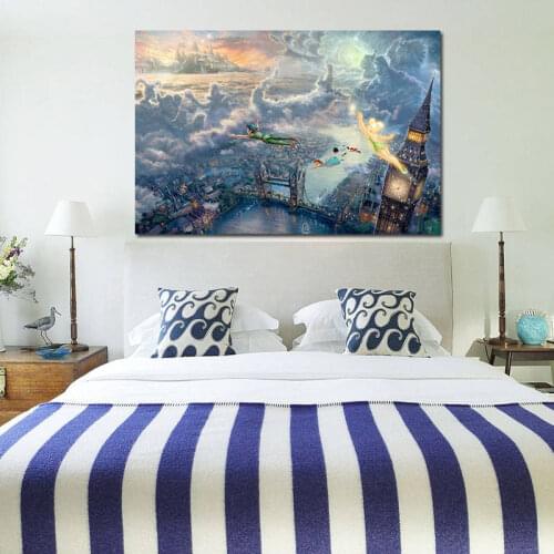 Peter Pan Flying Over London City Panorama HD Printed Cartoon Landscape Oil Painting Home Wall Art Decorate