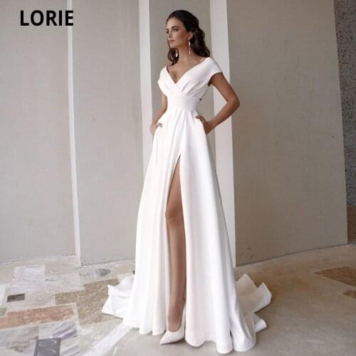 LORIE Simple Beach Wedding Dresses V-Neck Short Sleeve Soft Satin A-Line Bridal Gowns With Side Split Sweep Train Princess Dress
