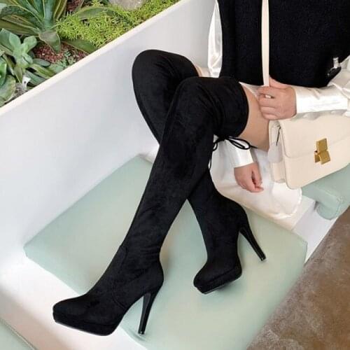 PXELENA European Sexy Stiletto High Heels Over The Knee Boots Slim Fit Flock Platform Autumn Winter Lady Shoes Black Gray Khaki