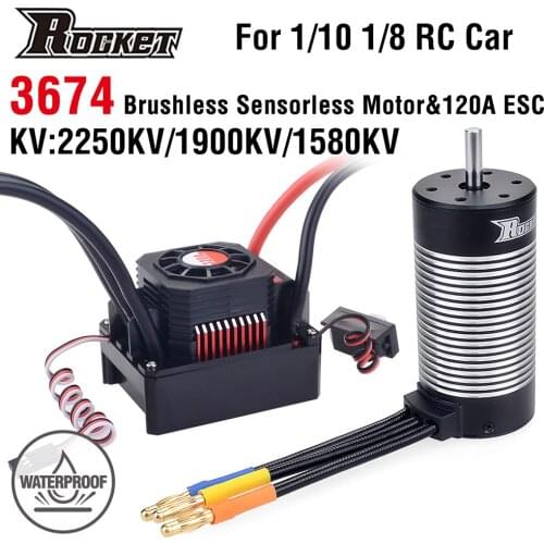 Rocket 3674 Waterproof Brushless Sensorless Motor 2250KV 1900KV 1580KV w/120A ESC for 1/8 1/10 RC Car