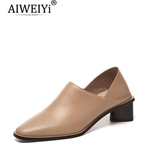AIWEIYi British Style Soft Cow Leather Thick High Heels Genuine Leather Shoes Women Comfortable Step On Two Style Single Shoes