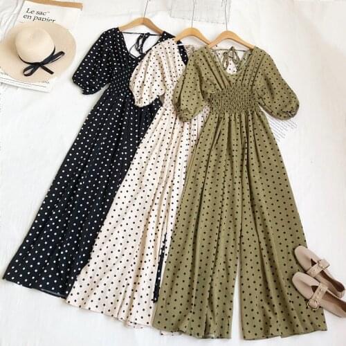 Women 2021 Summer Sexy Polka Dot Romper Female Elegant V-Neck Puff Short Sleeve High Waist Jumpsuit Loose Wide Leg Playsuit S172