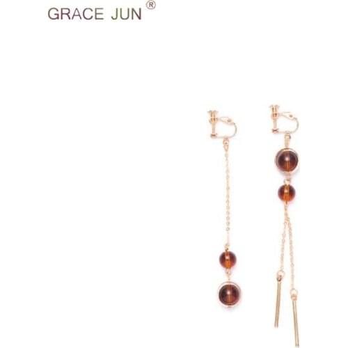 GRACE JUN Gold Color Tassel Natural Stone Clip on Earrings No Pierced for Women Top Quality Long Chain Cuff Earrings Good Gift