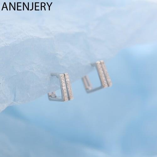 ANENJERY 925 Sterling Silver Shiny Cubic Zircon Square Hoop Earrings for Women Elegant Party Circle Sweet Jewelry S-E1246