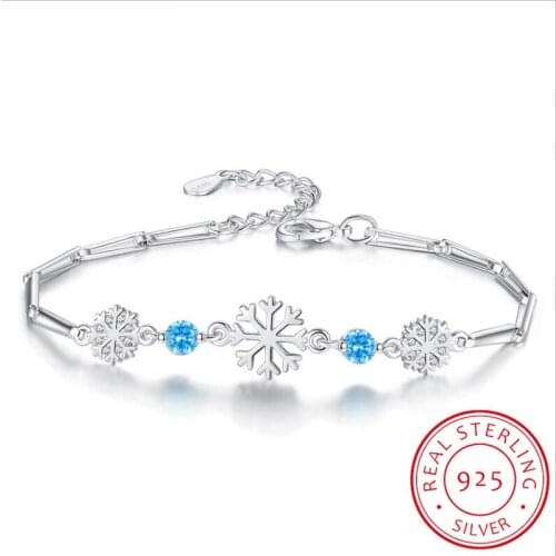 Hot Fashion 925 Sterling Silver Snowflake Bracelets & Bangles Blue/White Zirconia Shiny Crystal pulseira feminina Gift