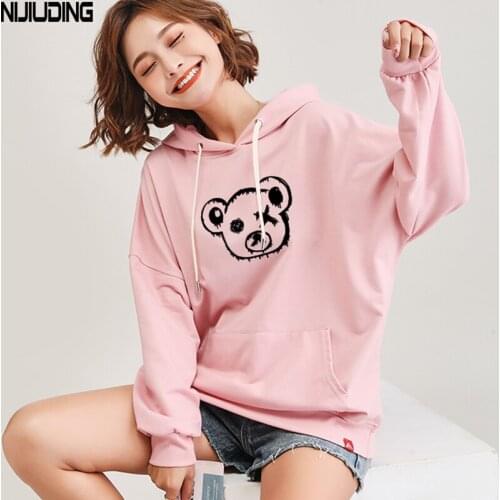 NIJIUIDNG Autumn Cotton Cartoon Womens Hooded Sweater Casual Loose Long Sleeve Pullovers Kangaroo Pocket Drawstring Tops Ladies