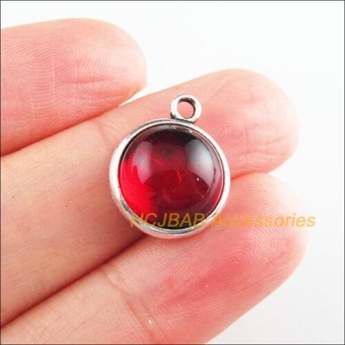 12 New Round Charms Red Glaze Smooth Pendants Tibetan Silver Tone 14x17mm