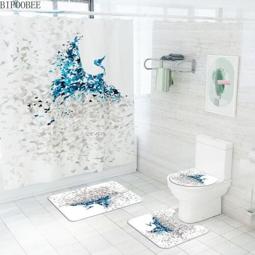 Abstract Crane Pattern Shower Curtain Waterproof Mildew Proof Bathroom Curtains Toilet Lid Cover Rugs Anti-slip Carpet Bath Mat