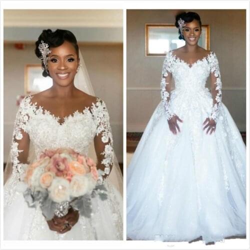 Arabic Vintage Lace Beaded Wedding Dresses Sheer Neck Long Sleeves Bridal Dresses Cheap Sexy Wedding Gowns