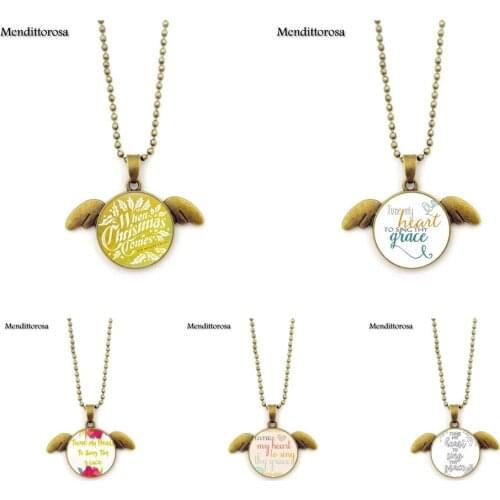 Mendittorosa Brand Jewelry Bronze Angel Wings Necklace Glass Dome For Child Tune my heart to heart Sing Thy grace