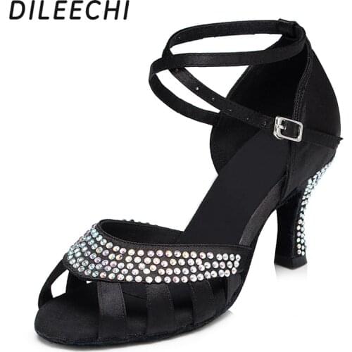 DILEECHI Flesh Black Satin Rhinestones Female Latin dance shoes Ballroom dancing shoes sneakers for womens 7.5cm heel