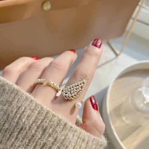 Elf Wings Open Ring Pearl Rhinestone Free Size Adjustable Finger Rings for Women Fashion Temperament Engagement Jewelry