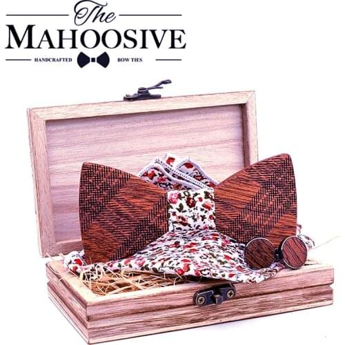 Gravata noeud papillon Wooden Bowtie Handkerchief Cufflinks Sets gift for Mens Suit Wooden Bow Tie Bowknots Wedding Party Ties