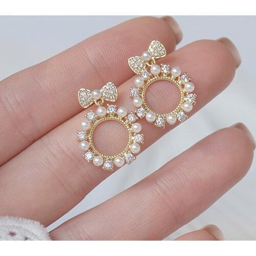 Ins Hot Sale Cute Tiny Imitation Pearls Bowknot Earring for Women AAA Cubic CZ Temperament Stud Earrings Charm Jewelry Pendant