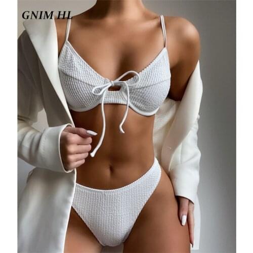 Sexy Drawstring Bikini Swimwear Women Push Up 2021 Halter Beach Wear Solid Swimsuit Female 2 Piece Set Swimming Suit Biquini Set