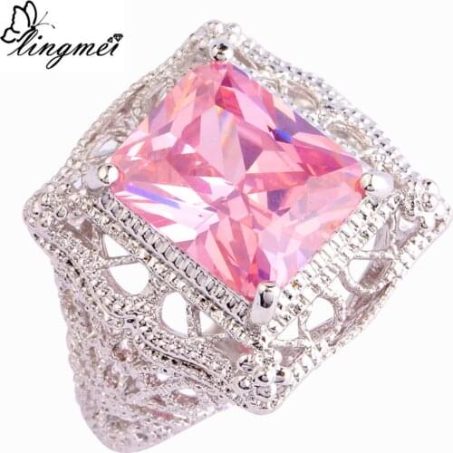 Lingmei High Quantity Big Pink CZ Silver Color Ring Size 6-9 10 11 Sweet Romantic Fashion European Women Jewelry Wholesale