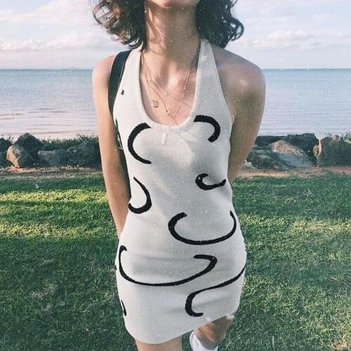 Missnight White Halter Dress Knitted Bodycon Bandage Dress Printed Backless Sexy Party Dresses Summer 2021 Fashion Streetwear
