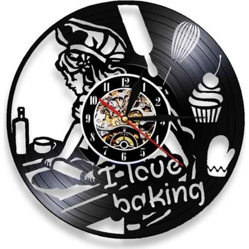 I Love Baking Wall Clock Modern Kitchen Cooking Vinyl Record Wall Clock Girl with Rolling Pin Cake Dessert Wall Decor Chef Gift