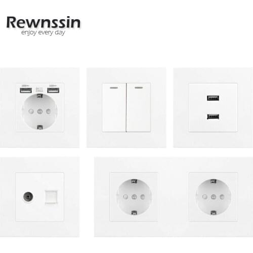 Light Switch 1 2 3 4 Gang Push Button Switch EU French Power Socket Computer RJ45 TV Wall Outlet LED Lamp White Plastic Panel