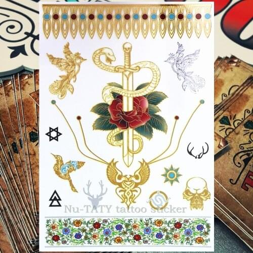 Nu-TATY 25 style Temporary Tattoo Body Art, Gold Skull sword Designs, Flash Tattoo Sticker Waterproof 21*15cm