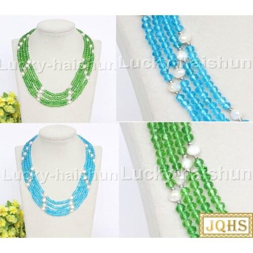 Genuine 17" 4row white pearls faceted green sky-blue Crystal necklace 18KGP j12174-3